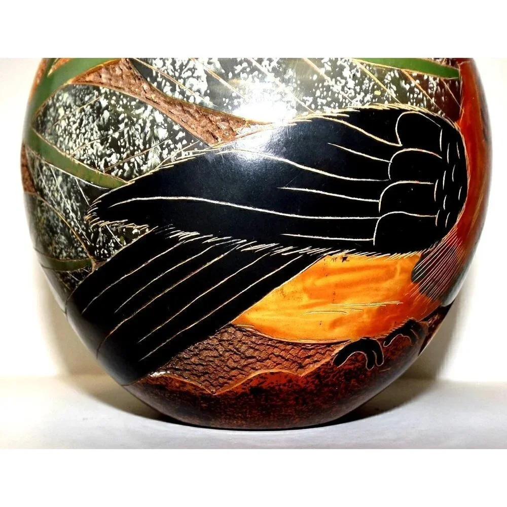 Hand Made South American Round Pottery Vase Signed Jungle Animals 7